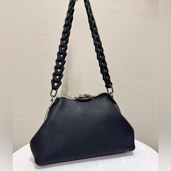 Black Togo Cowhide Leather Handmade Custom Metal Frame Handbag & 2 Strap Styles - Picture 5 of 16